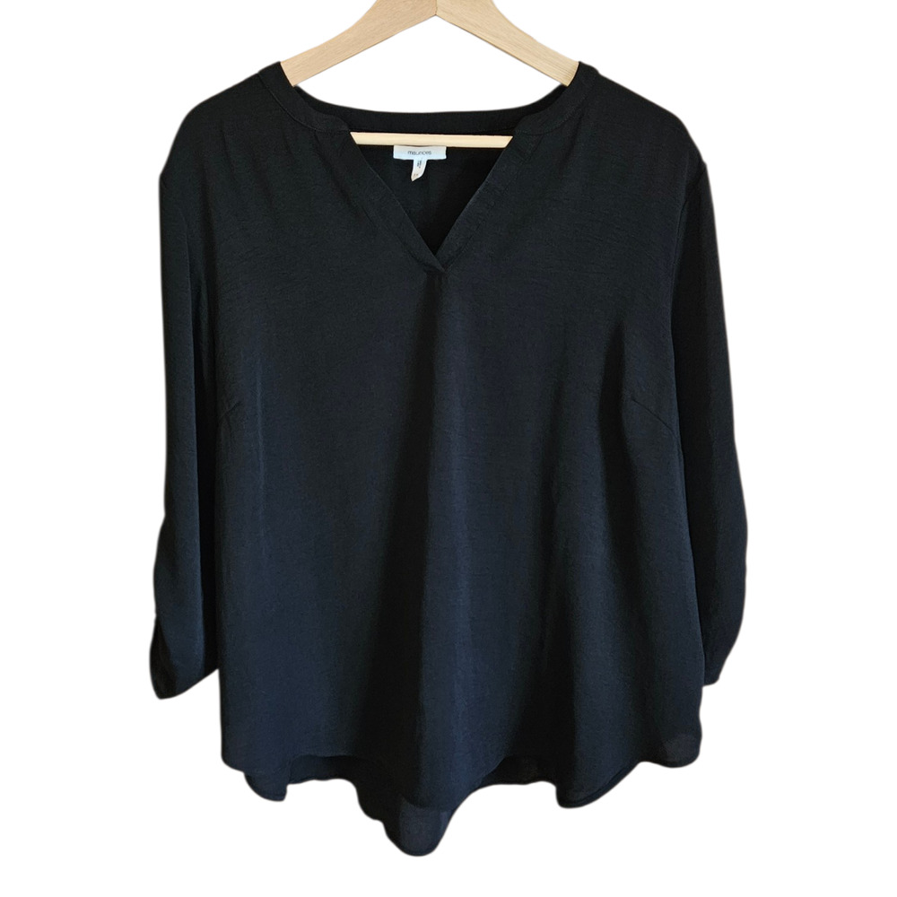 Maurices Plus Size 1X Black V-Neck Split Collar 3/4 Roll Tab Sleeve Blouse Top
